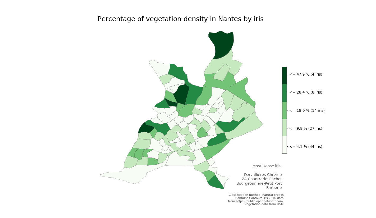 Figure 4 - Densité d’espaces verts à Nantes calculée à partir des données OSM