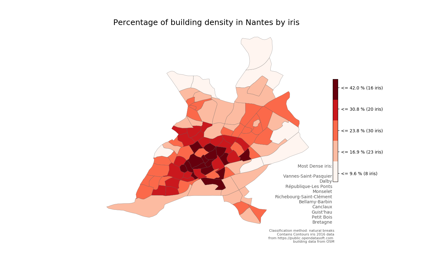 Densité de bâtiments à Nantes calculée à partir des données OSM