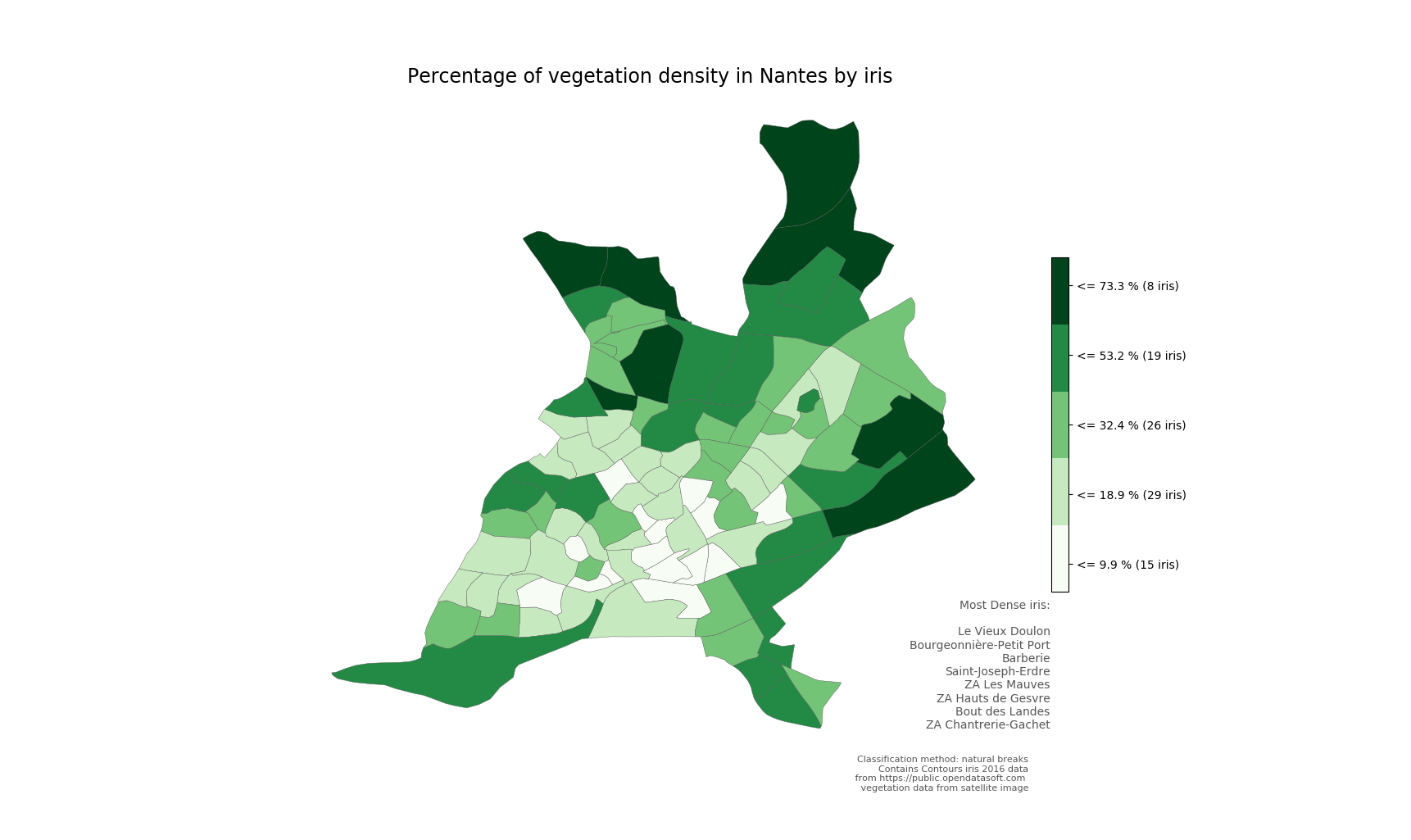 Densité d’espaces verts à Nantes calculée par deep learning