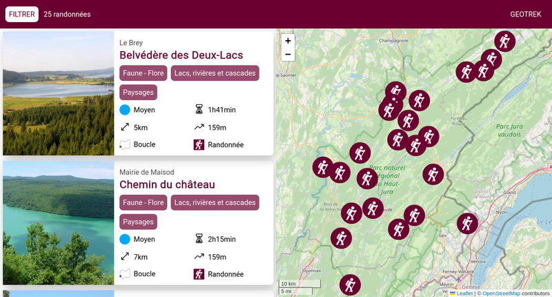 Capture d'écran de Geotrek widget sur le Parc Naturel du Haut-Jura, résultats à gauche et carte à droite