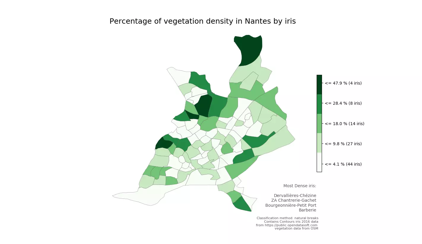 Figure 4 - Densité d’espaces verts à Nantes calculée à partir des données OSM