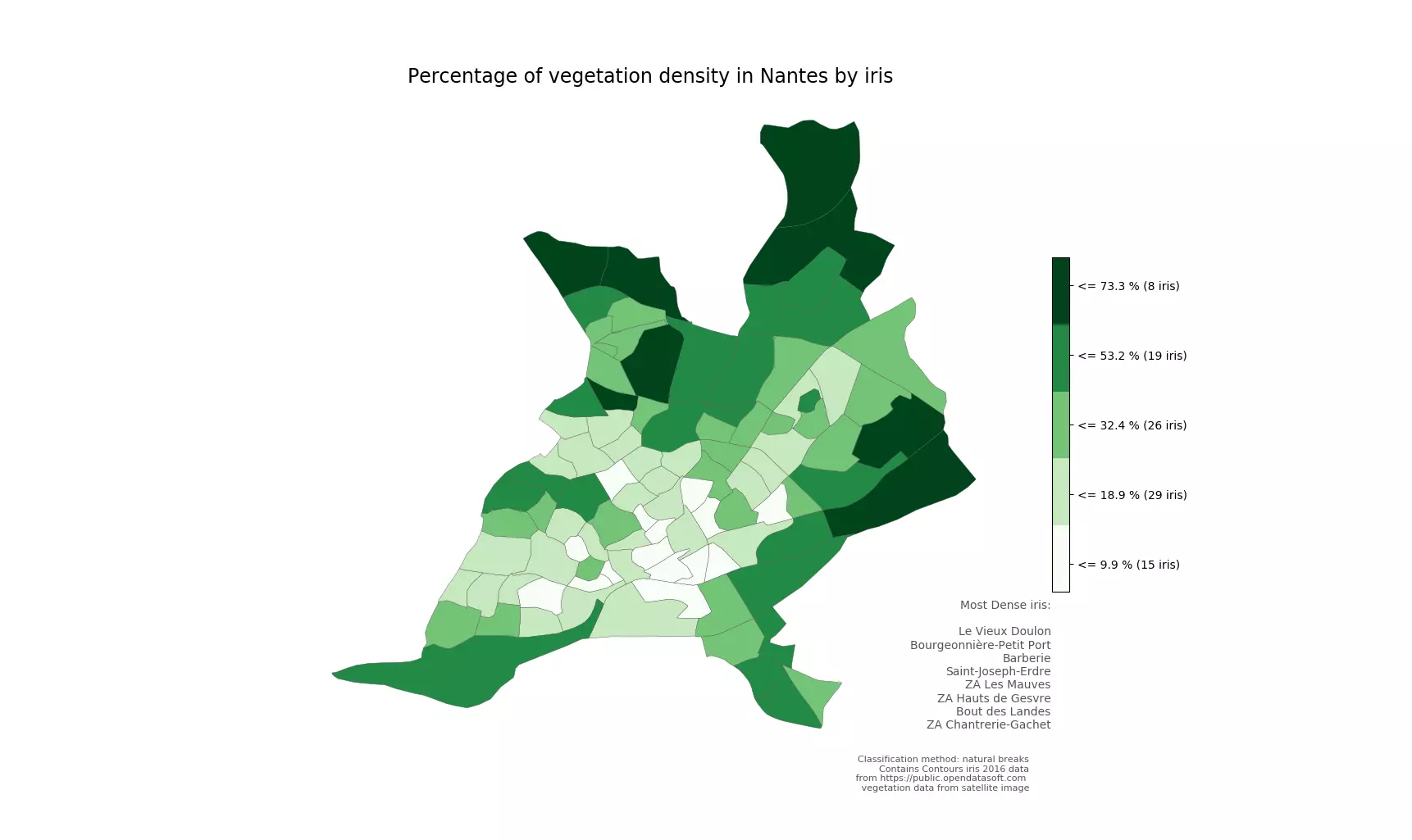 Densité d’espaces verts à Nantes calculée par deep learning