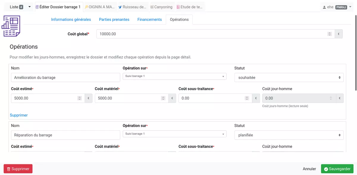 Capture d'écran GeoRivière, édition dossier administratif et financier, onglet opérations et coûts