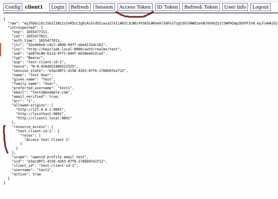 Keycloak login user1 access token