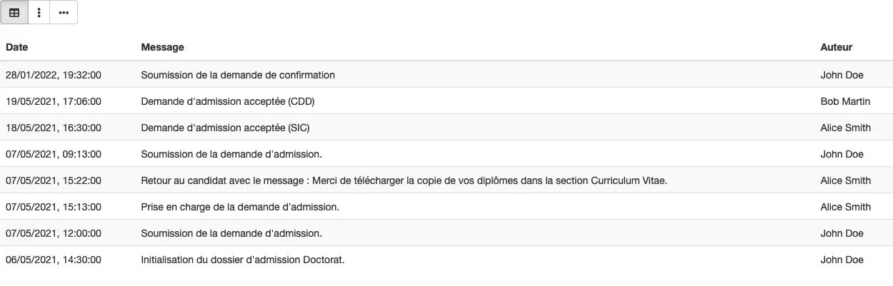 Interface d'historique en tableau