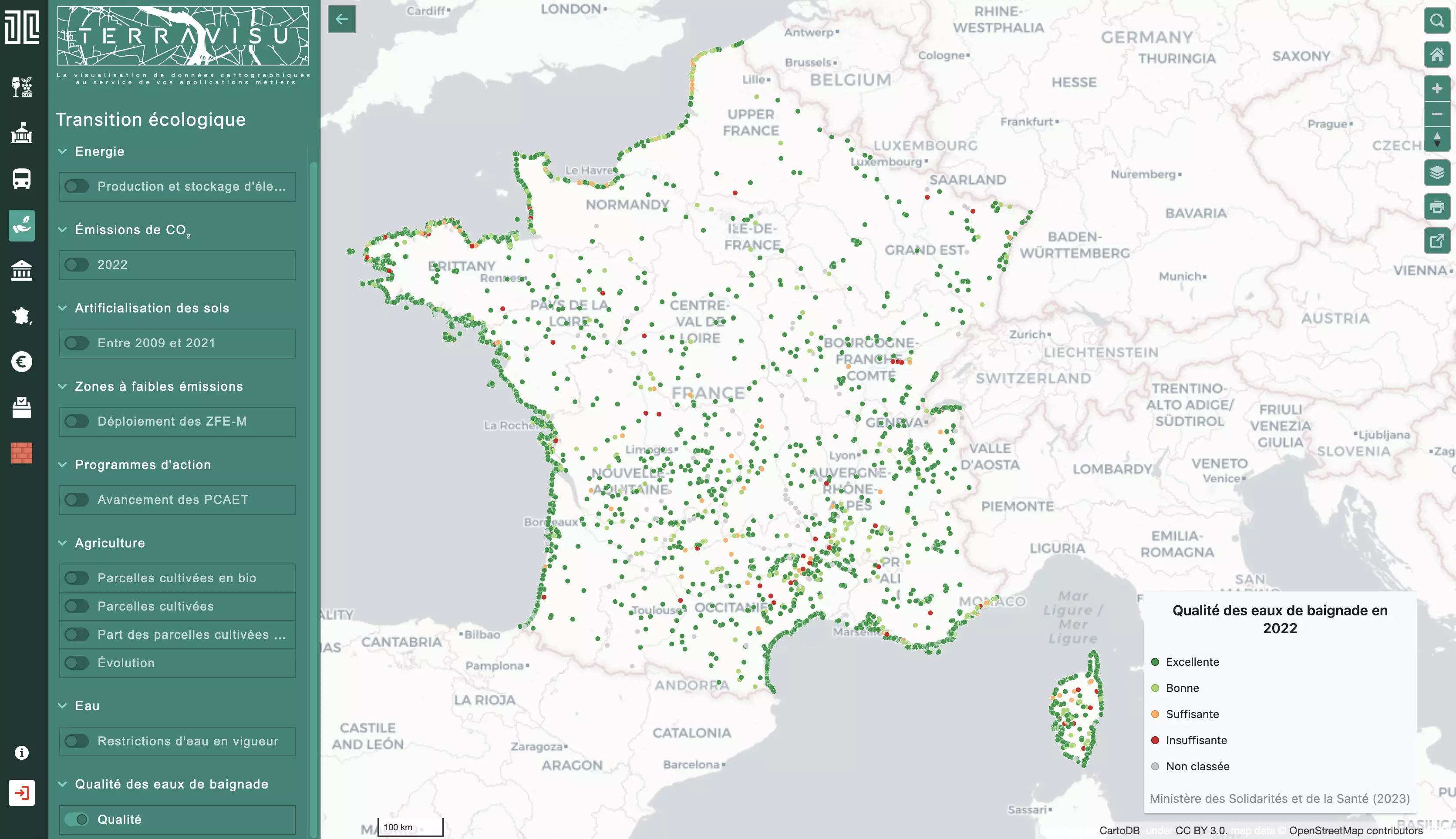 TerraVisu Carte qualité des eaux de baignade