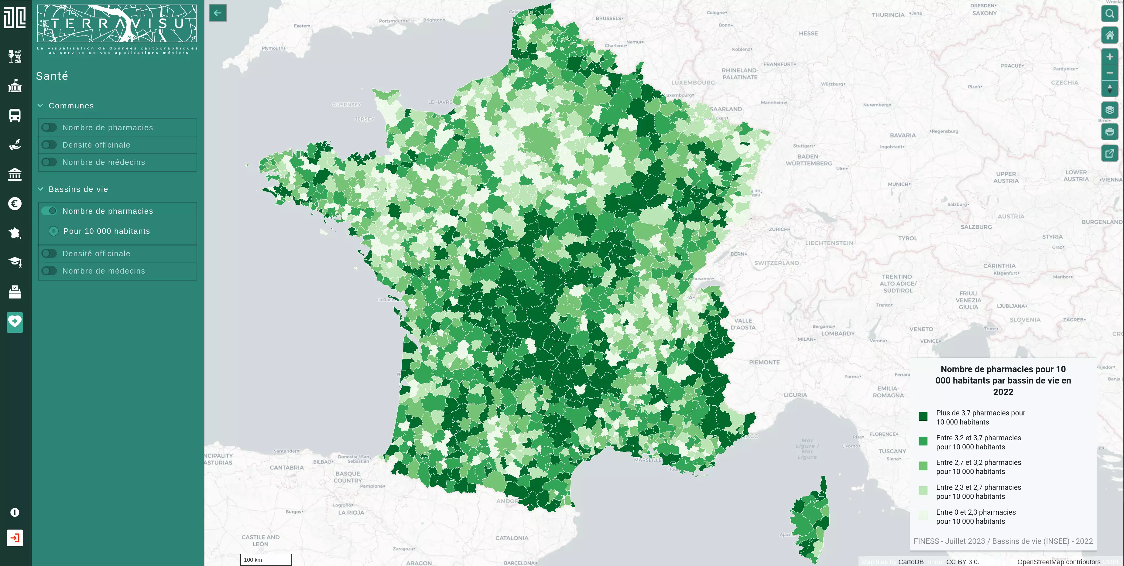 Nombre de pharmacies pour 10 000 habitants par bassin de vie en 2022