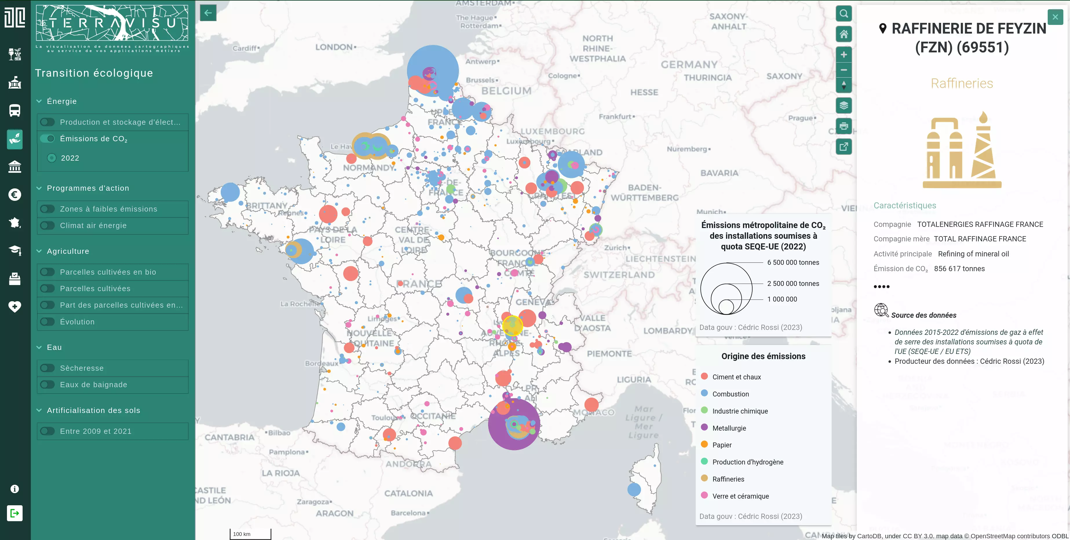 Émissions métropolitaine de CO₂ des installations soumises à quota SEQE-UE en 2022