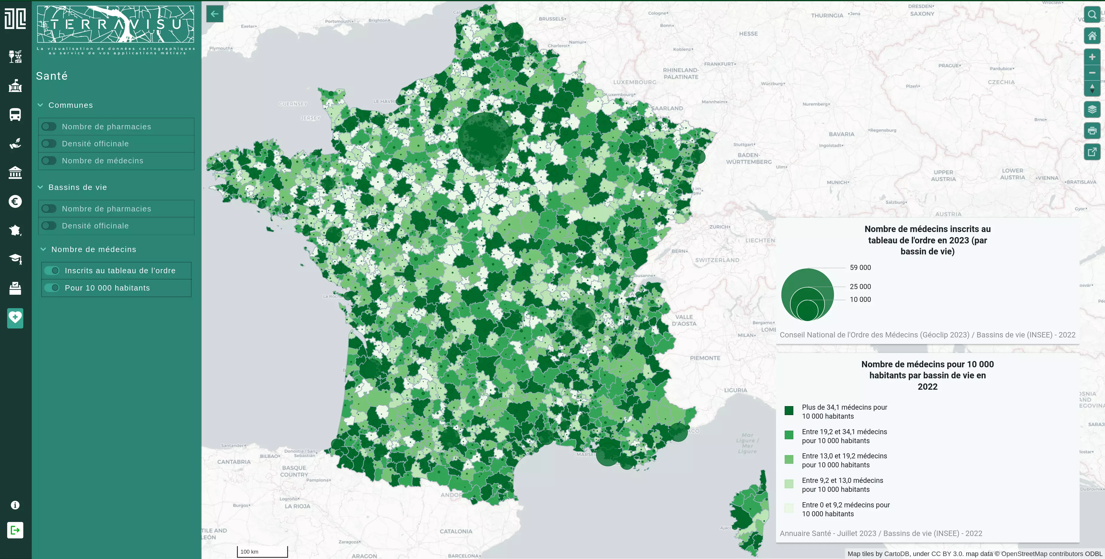 Nombre de médecins pour 10 000 habitants par bassin de vie en 2022