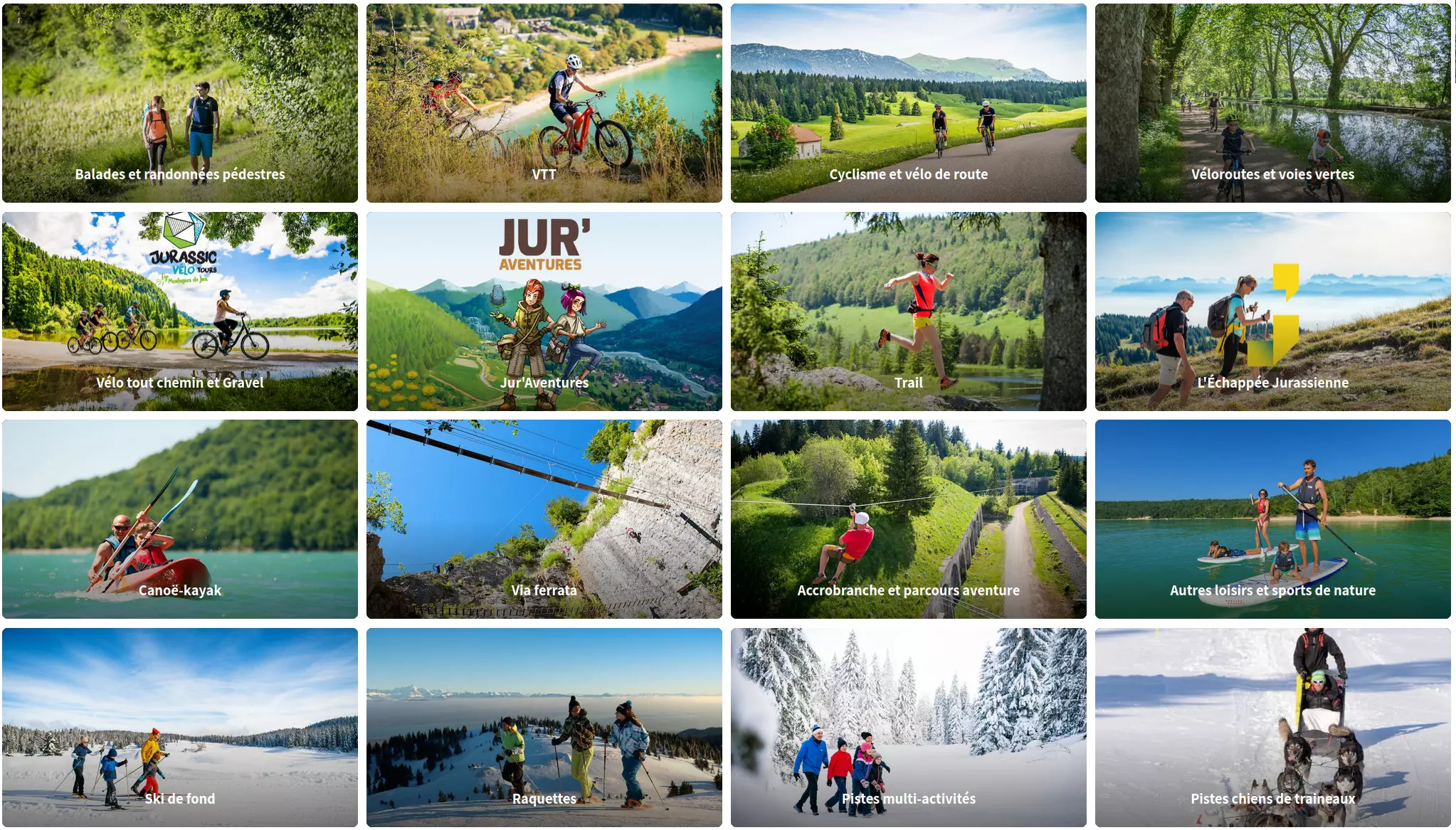 Mosaique des pratiques d'activités disponibles sur le site Jura-outdoor (Vélo, Trail, Ski, VTT, Raquettes, etc.)