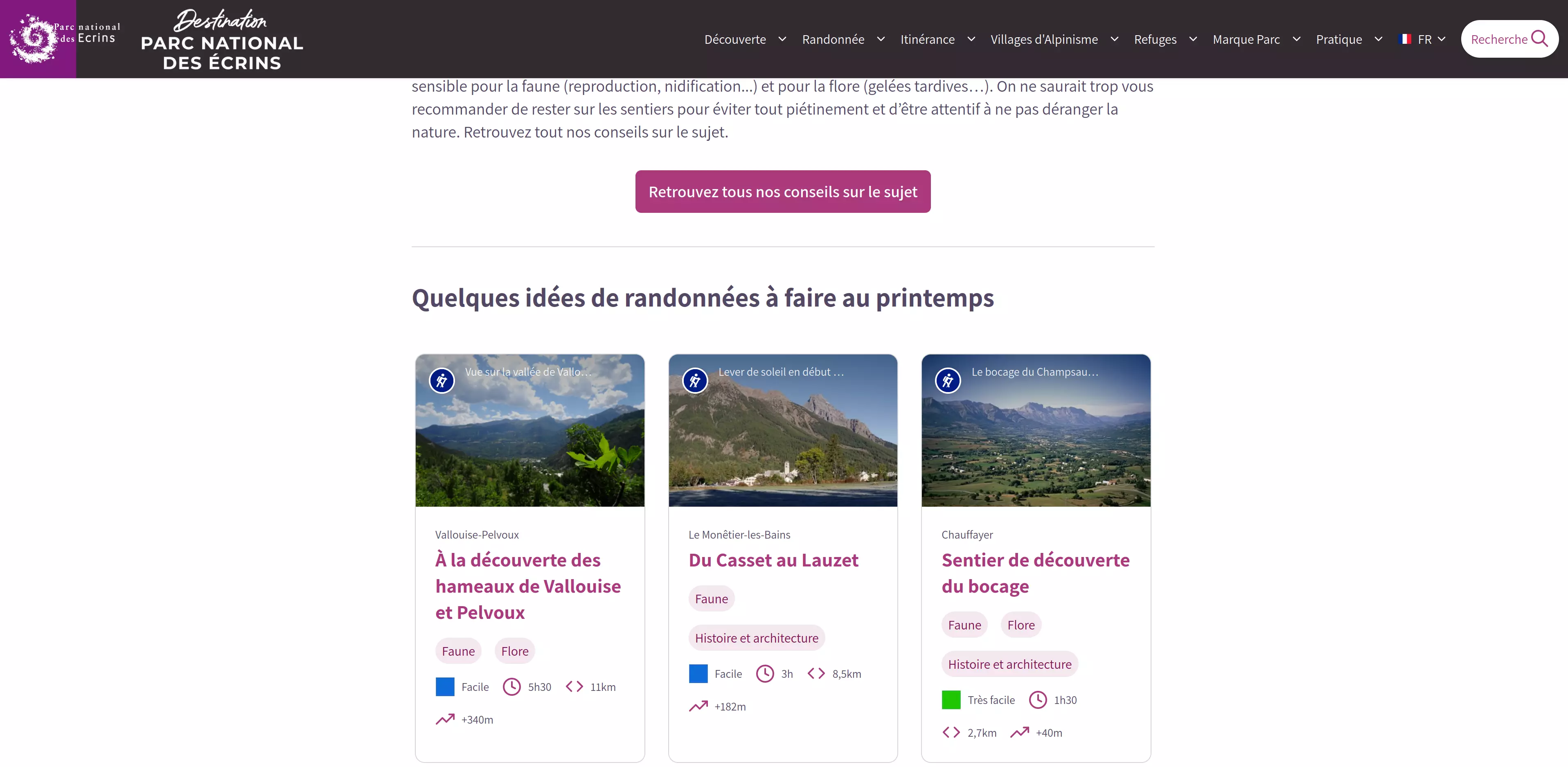 Page de suggestion de randonnées