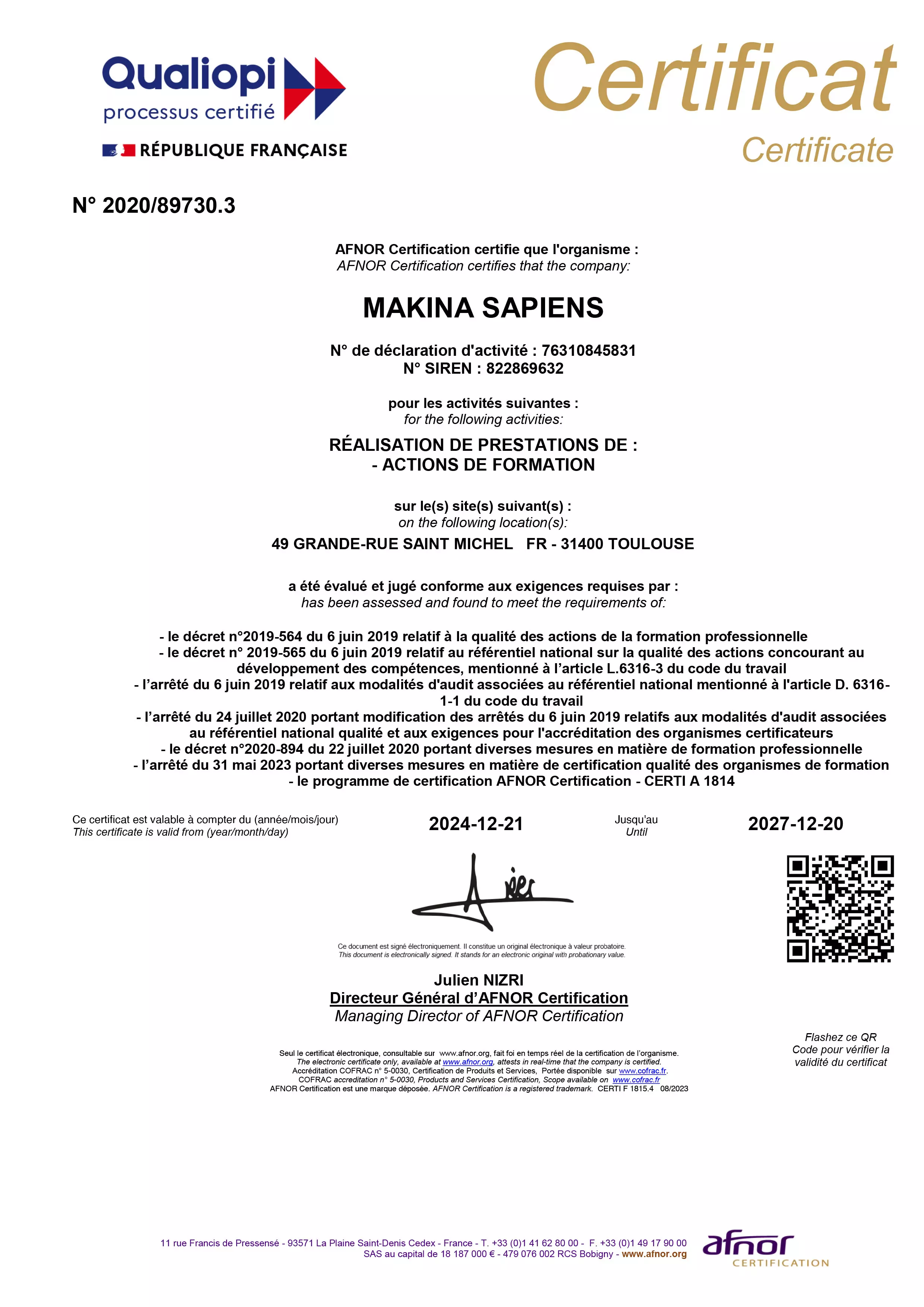 Certificat makina sapiens 2024 2027 jpg